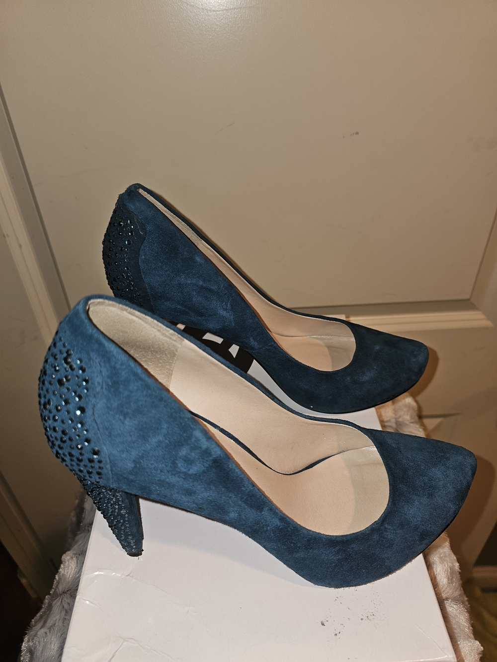 Nine West Teal Suede Crystal-Embellished High Heels - Picture 2 of 5